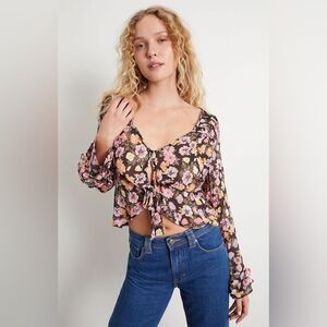 FREE PEOPLE Maybel Sheer Floral Tie Front Peplum Top Crop Black Pink Small‎ New